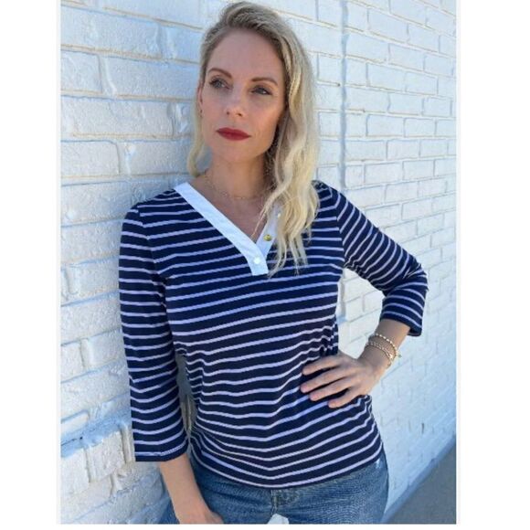 Draper James V-Neck Puff Sleeve Shirt in Nassau Navy Mariner Stripe Size XL - Picture 1 of 7